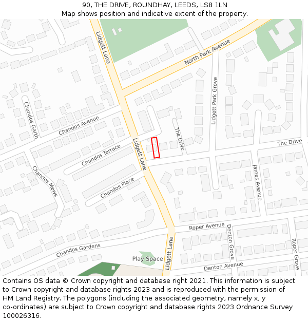 90, THE DRIVE, ROUNDHAY, LEEDS, LS8 1LN: Location map and indicative extent of plot