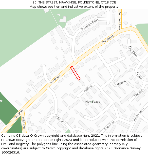 90, THE STREET, HAWKINGE, FOLKESTONE, CT18 7DE: Location map and indicative extent of plot