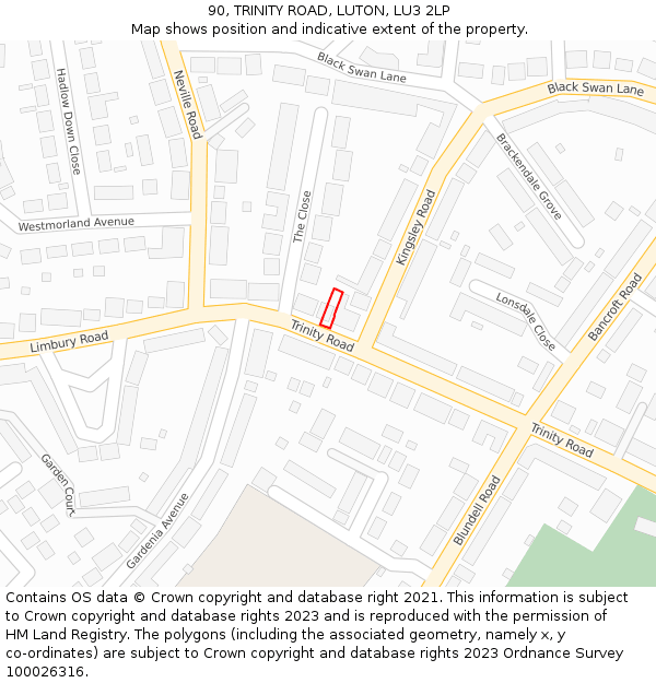 90, TRINITY ROAD, LUTON, LU3 2LP: Location map and indicative extent of plot