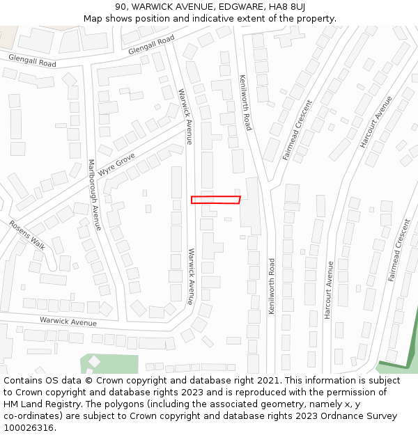 90, WARWICK AVENUE, EDGWARE, HA8 8UJ: Location map and indicative extent of plot