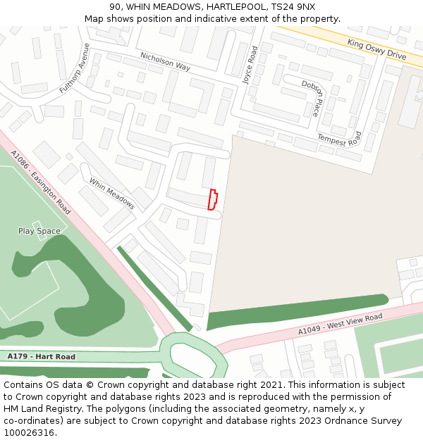 90, WHIN MEADOWS, HARTLEPOOL, TS24 9NX: Location map and indicative extent of plot