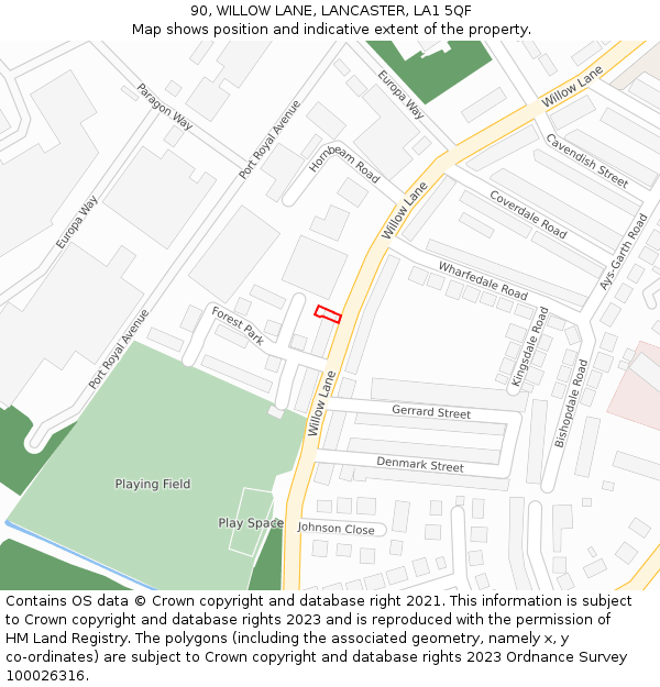 90, WILLOW LANE, LANCASTER, LA1 5QF: Location map and indicative extent of plot