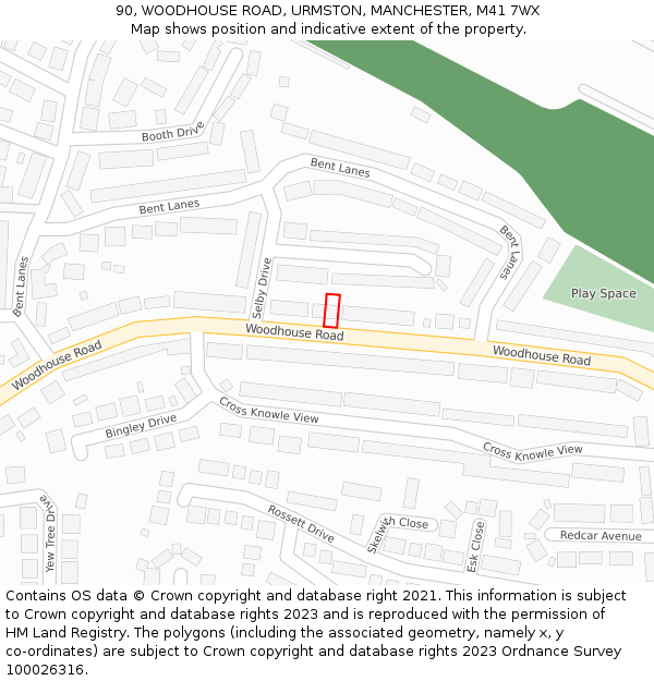 90, WOODHOUSE ROAD, URMSTON, MANCHESTER, M41 7WX: Location map and indicative extent of plot