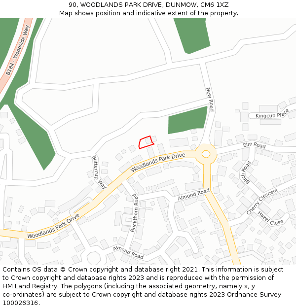 90, WOODLANDS PARK DRIVE, DUNMOW, CM6 1XZ: Location map and indicative extent of plot