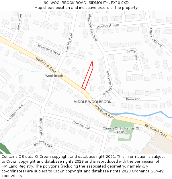 90, WOOLBROOK ROAD, SIDMOUTH, EX10 9XD: Location map and indicative extent of plot