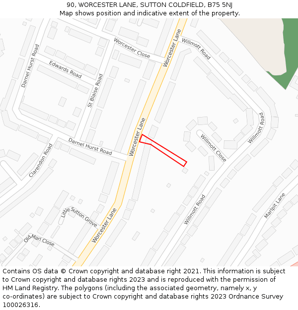 90, WORCESTER LANE, SUTTON COLDFIELD, B75 5NJ: Location map and indicative extent of plot