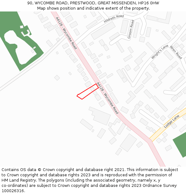 90, WYCOMBE ROAD, PRESTWOOD, GREAT MISSENDEN, HP16 0HW: Location map and indicative extent of plot