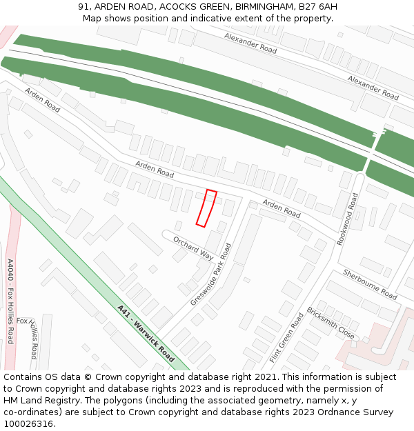 91, ARDEN ROAD, ACOCKS GREEN, BIRMINGHAM, B27 6AH: Location map and indicative extent of plot