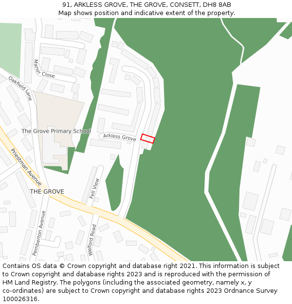 91, ARKLESS GROVE, THE GROVE, CONSETT, DH8 8AB: Location map and indicative extent of plot