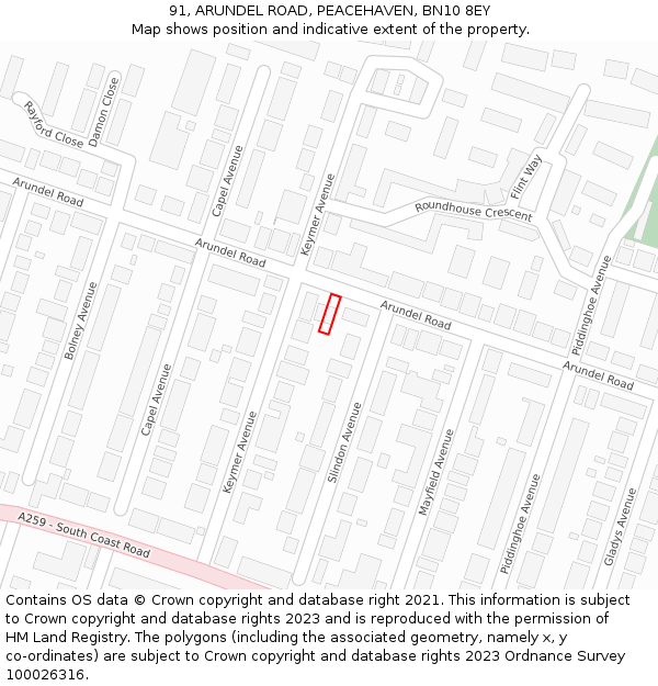 91, ARUNDEL ROAD, PEACEHAVEN, BN10 8EY: Location map and indicative extent of plot