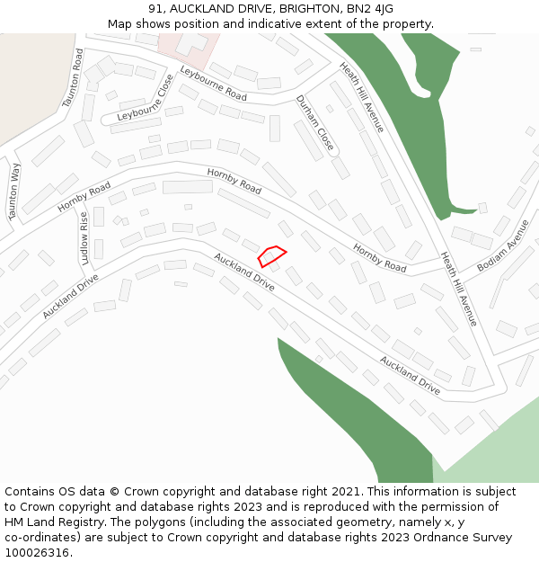 91, AUCKLAND DRIVE, BRIGHTON, BN2 4JG: Location map and indicative extent of plot