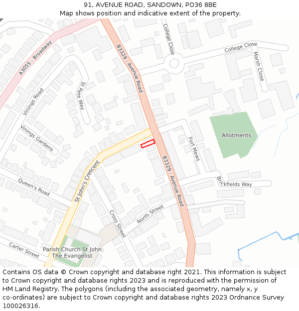 91, AVENUE ROAD, SANDOWN, PO36 8BE: Location map and indicative extent of plot