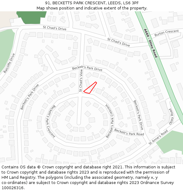 91, BECKETTS PARK CRESCENT, LEEDS, LS6 3PF: Location map and indicative extent of plot