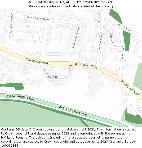 91, BIRMINGHAM ROAD, ALLESLEY, COVENTRY, CV5 9GT: Location map and indicative extent of plot