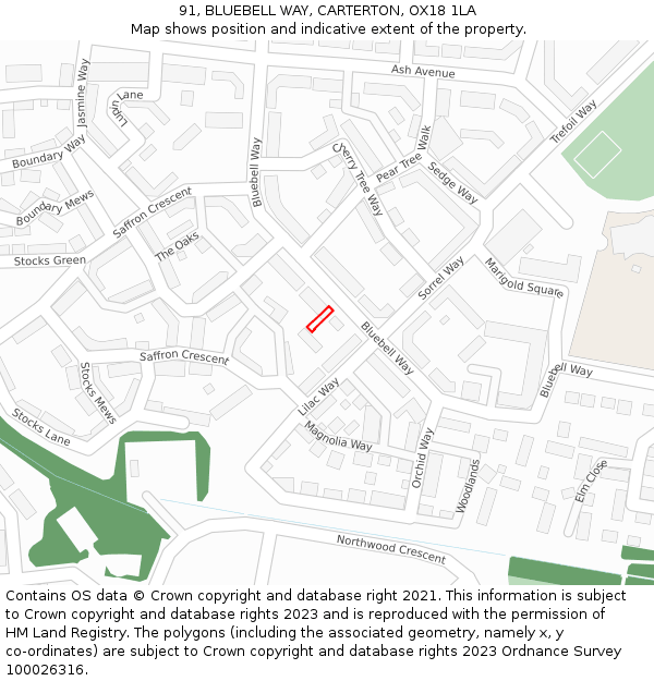 91, BLUEBELL WAY, CARTERTON, OX18 1LA: Location map and indicative extent of plot