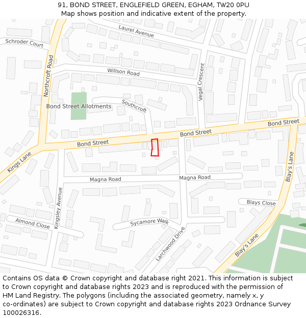 91, BOND STREET, ENGLEFIELD GREEN, EGHAM, TW20 0PU: Location map and indicative extent of plot