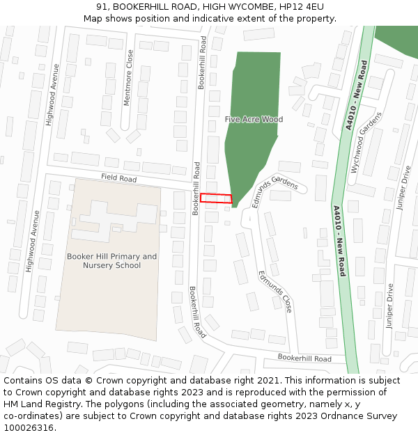 91, BOOKERHILL ROAD, HIGH WYCOMBE, HP12 4EU: Location map and indicative extent of plot