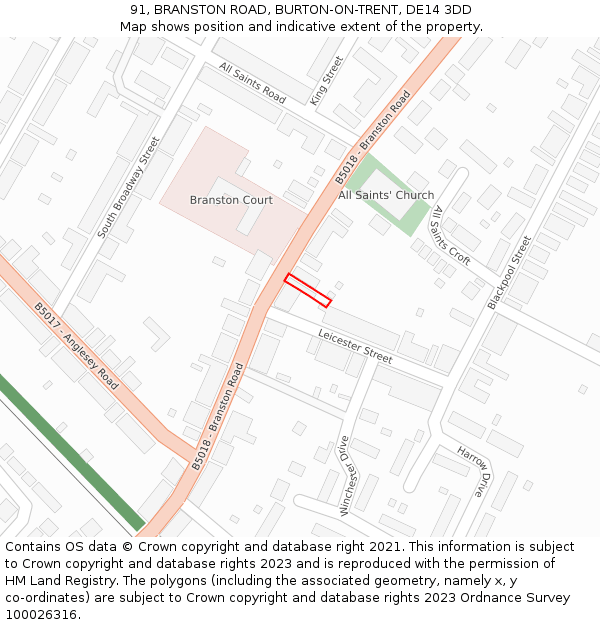 91, BRANSTON ROAD, BURTON-ON-TRENT, DE14 3DD: Location map and indicative extent of plot