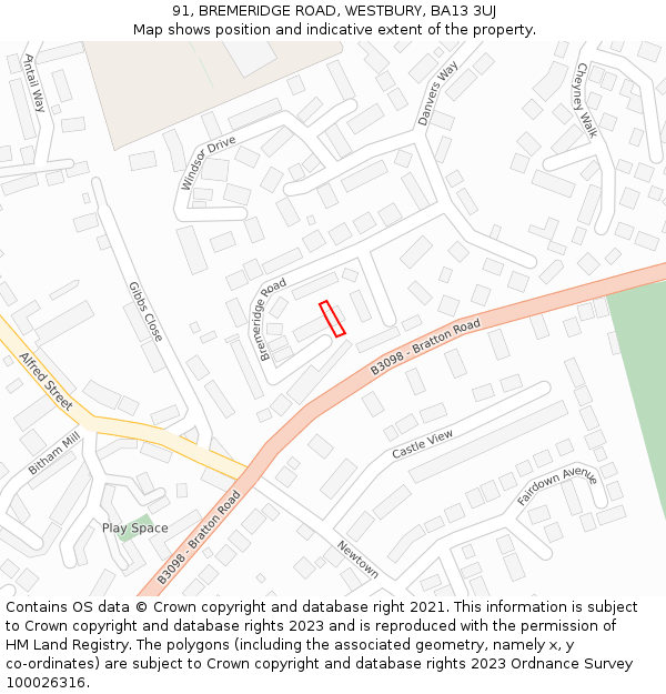 91, BREMERIDGE ROAD, WESTBURY, BA13 3UJ: Location map and indicative extent of plot