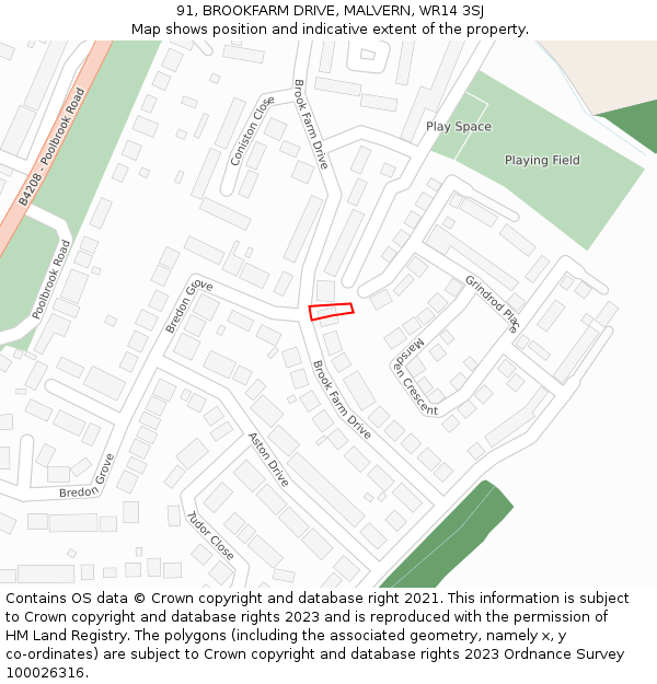 91, BROOKFARM DRIVE, MALVERN, WR14 3SJ: Location map and indicative extent of plot