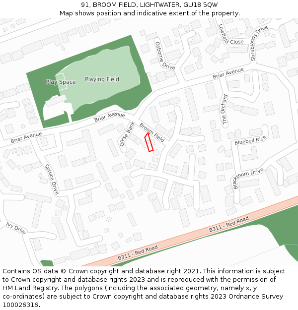 91, BROOM FIELD, LIGHTWATER, GU18 5QW: Location map and indicative extent of plot