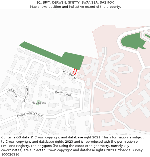 91, BRYN DERWEN, SKETTY, SWANSEA, SA2 9GX: Location map and indicative extent of plot