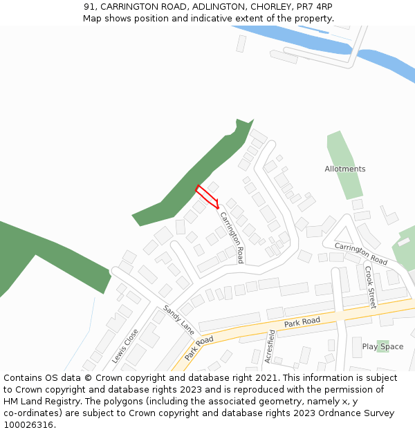 91, CARRINGTON ROAD, ADLINGTON, CHORLEY, PR7 4RP: Location map and indicative extent of plot