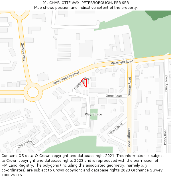 91, CHARLOTTE WAY, PETERBOROUGH, PE3 9ER: Location map and indicative extent of plot