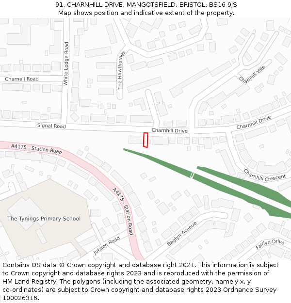 91, CHARNHILL DRIVE, MANGOTSFIELD, BRISTOL, BS16 9JS: Location map and indicative extent of plot