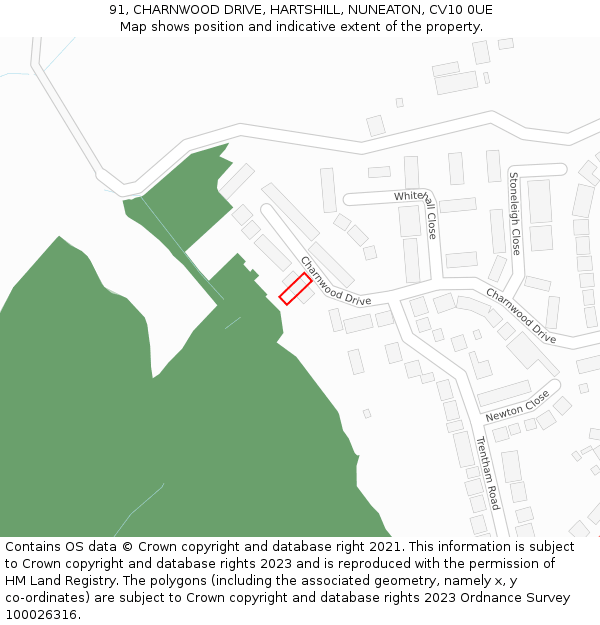 91, CHARNWOOD DRIVE, HARTSHILL, NUNEATON, CV10 0UE: Location map and indicative extent of plot