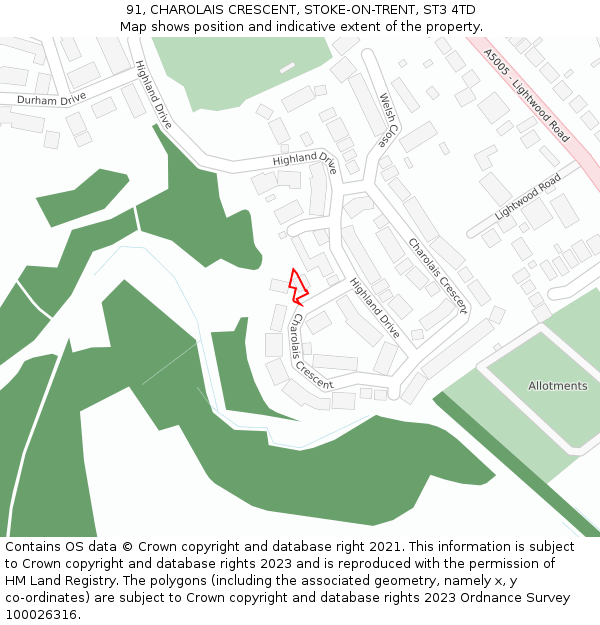 91, CHAROLAIS CRESCENT, STOKE-ON-TRENT, ST3 4TD: Location map and indicative extent of plot