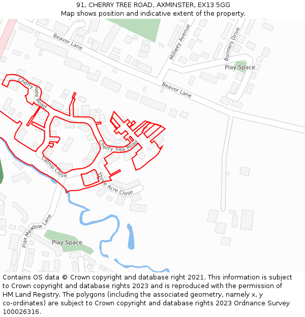 91, CHERRY TREE ROAD, AXMINSTER, EX13 5GG: Location map and indicative extent of plot