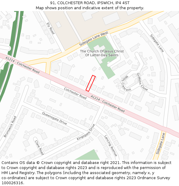 91, COLCHESTER ROAD, IPSWICH, IP4 4ST: Location map and indicative extent of plot