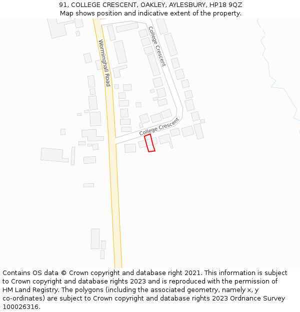 91, COLLEGE CRESCENT, OAKLEY, AYLESBURY, HP18 9QZ: Location map and indicative extent of plot