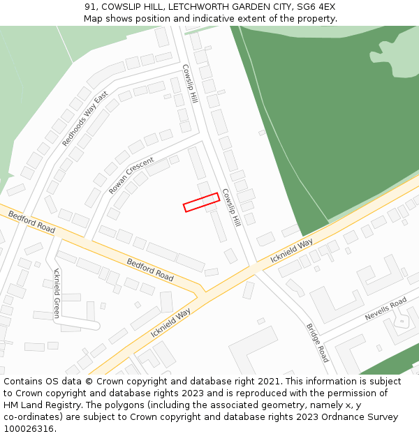 91, COWSLIP HILL, LETCHWORTH GARDEN CITY, SG6 4EX: Location map and indicative extent of plot