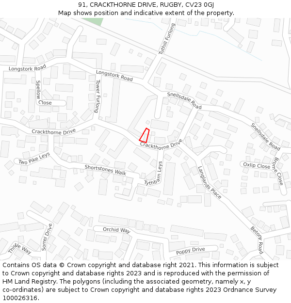 91, CRACKTHORNE DRIVE, RUGBY, CV23 0GJ: Location map and indicative extent of plot