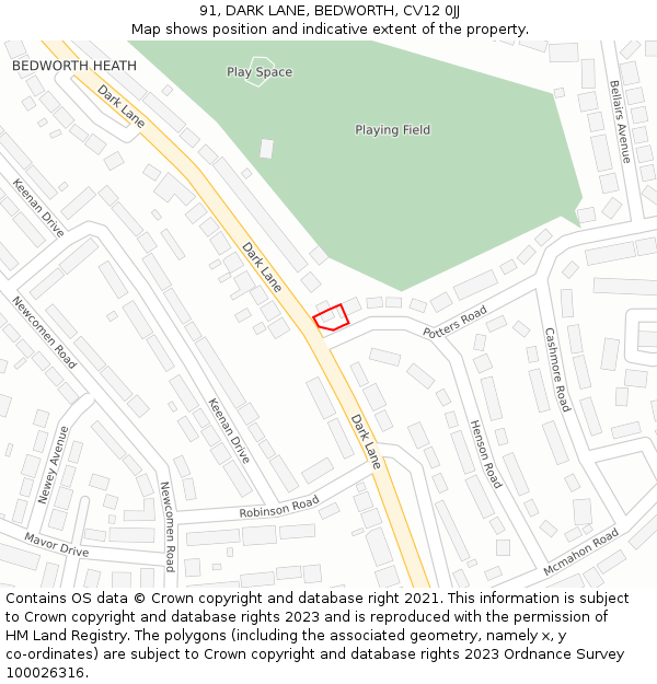 91, DARK LANE, BEDWORTH, CV12 0JJ: Location map and indicative extent of plot