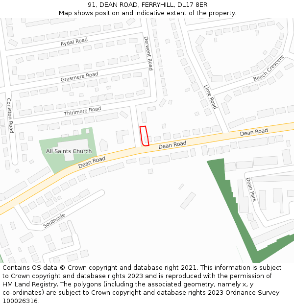 91, DEAN ROAD, FERRYHILL, DL17 8ER: Location map and indicative extent of plot