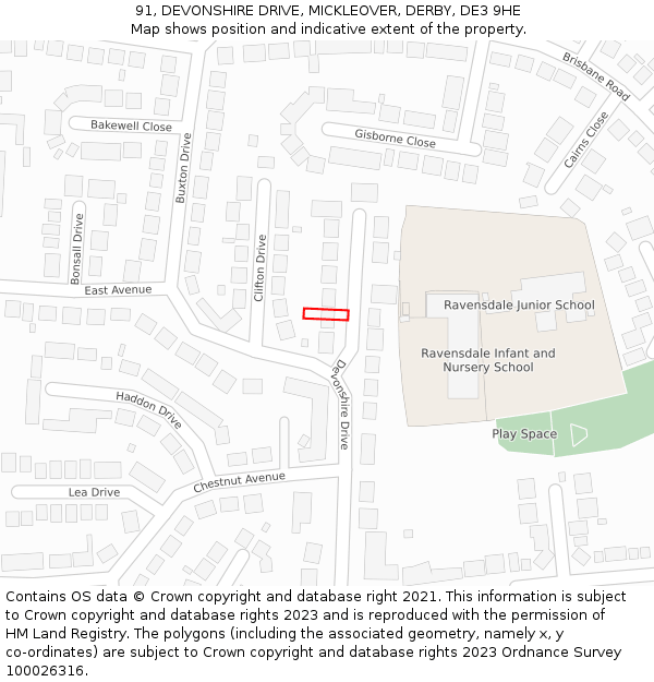 91, DEVONSHIRE DRIVE, MICKLEOVER, DERBY, DE3 9HE: Location map and indicative extent of plot