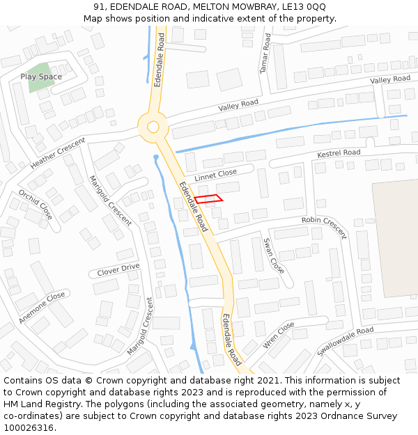 91, EDENDALE ROAD, MELTON MOWBRAY, LE13 0QQ: Location map and indicative extent of plot