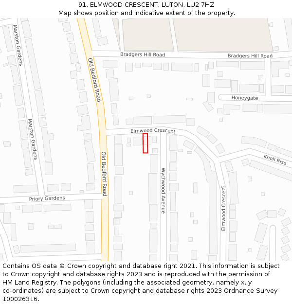 91, ELMWOOD CRESCENT, LUTON, LU2 7HZ: Location map and indicative extent of plot