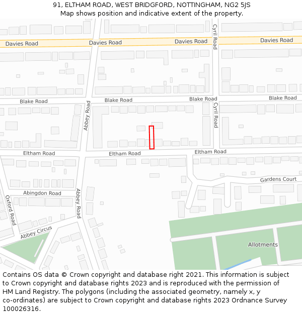 91, ELTHAM ROAD, WEST BRIDGFORD, NOTTINGHAM, NG2 5JS: Location map and indicative extent of plot