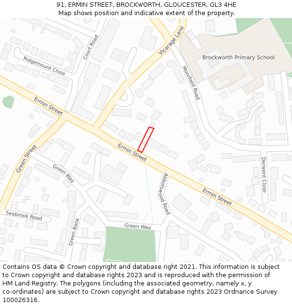 91, ERMIN STREET, BROCKWORTH, GLOUCESTER, GL3 4HE: Location map and indicative extent of plot