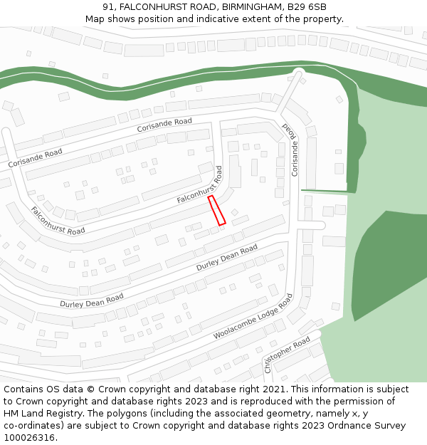 91, FALCONHURST ROAD, BIRMINGHAM, B29 6SB: Location map and indicative extent of plot