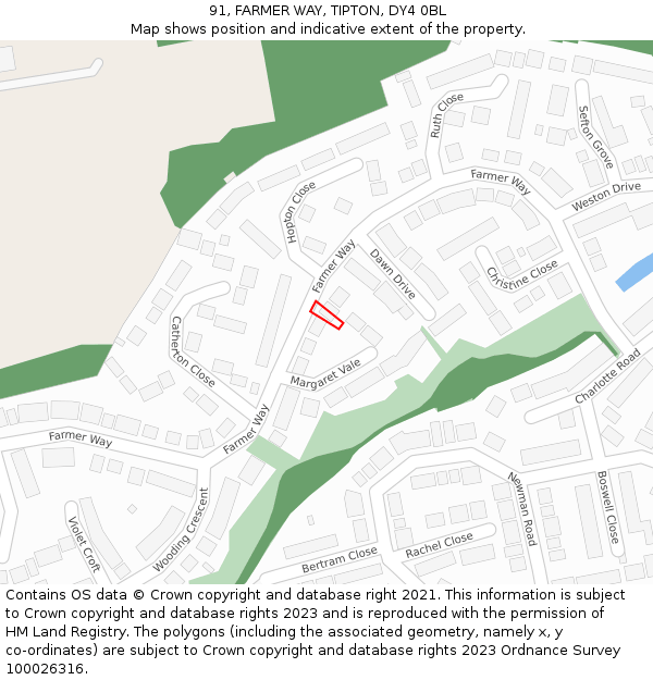 91, FARMER WAY, TIPTON, DY4 0BL: Location map and indicative extent of plot
