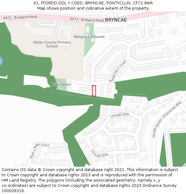 91, FFORDD DOL Y COED, BRYNCAE, PONTYCLUN, CF72 9WA: Location map and indicative extent of plot