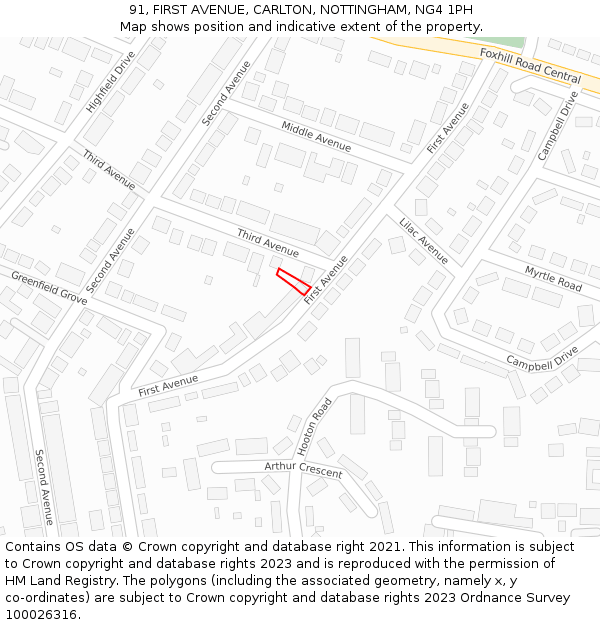 91, FIRST AVENUE, CARLTON, NOTTINGHAM, NG4 1PH: Location map and indicative extent of plot