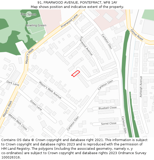 91, FRIARWOOD AVENUE, PONTEFRACT, WF8 1AY: Location map and indicative extent of plot