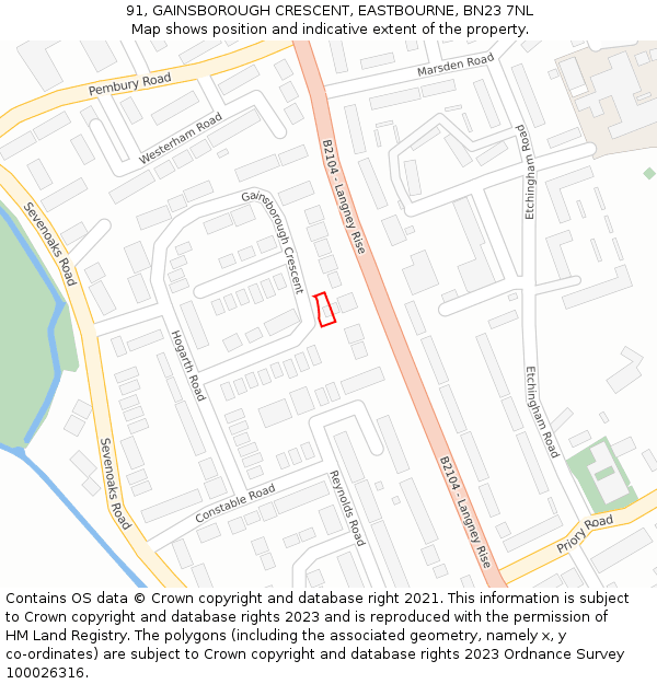 91, GAINSBOROUGH CRESCENT, EASTBOURNE, BN23 7NL: Location map and indicative extent of plot