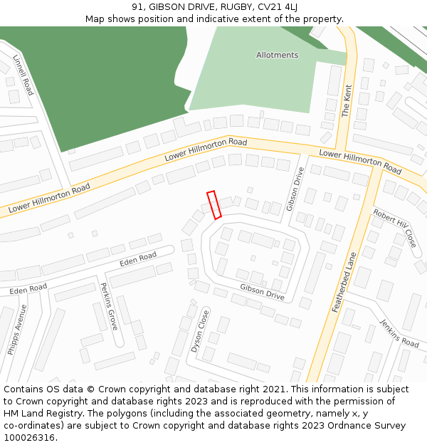 91, GIBSON DRIVE, RUGBY, CV21 4LJ: Location map and indicative extent of plot